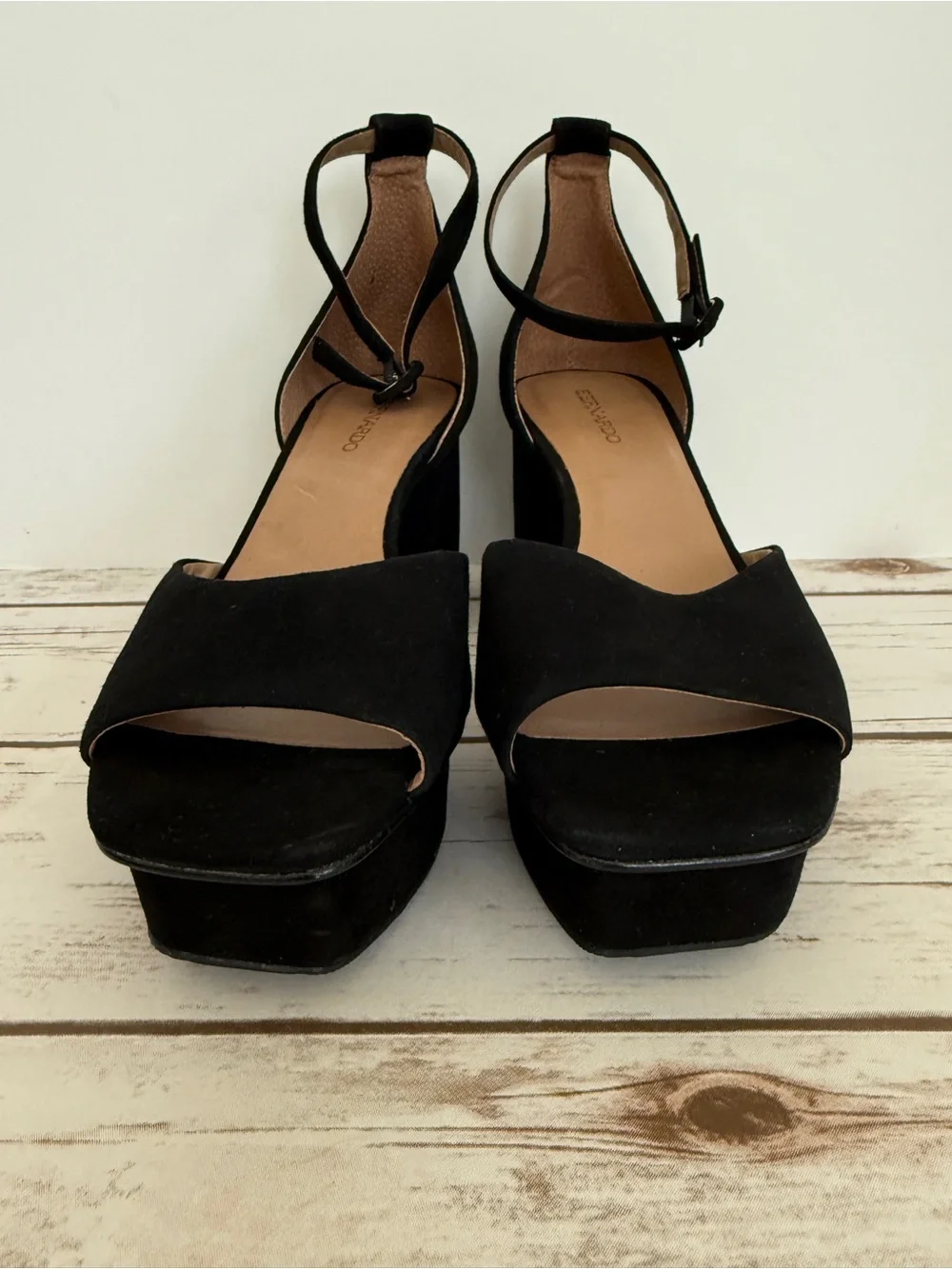 Bernardo Raleigh  Black Suede Platform Block Heel Ankle Strap Sandal